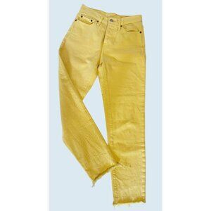 LEVI'S Yellow Button Fly High Waisted Straight Leg Raw Hem Jeans Sz 24